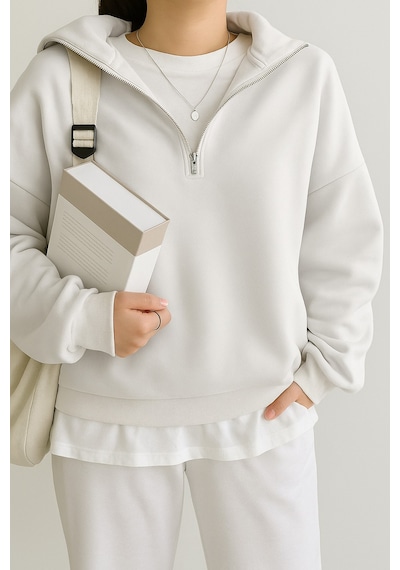 Ghassy Co. Kadın Pamuklu Oversize Silver Yarım Fermuarlı Sweatshirt BEYAZ