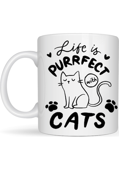 Life İs Purrfect With Cats Kedi Desenli Porselen Kupa Model 62 Sevimli Kedi Figürlü Kahve Kupası Diğer