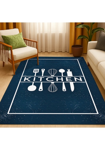 Turkıshrug Kıngdom Lacivert Kitchen Yazılı Halı Modern Dijital Baskılı Tasarım Çok Renkli