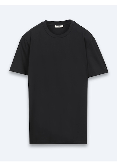 Kip Siyah Düz Pamuk Karışımlı T-shirt
