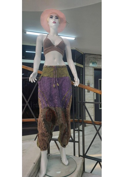 Bohem Stil Hint Otantik Yıkamalı Taşlanmış Patchwork Unisex Şalvar Pantolon-9188 Haki