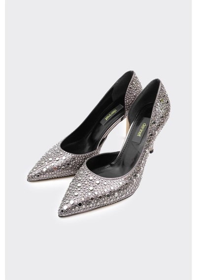 Derinet Taşlı Dekolteli Kadın Stiletto Platin Platin