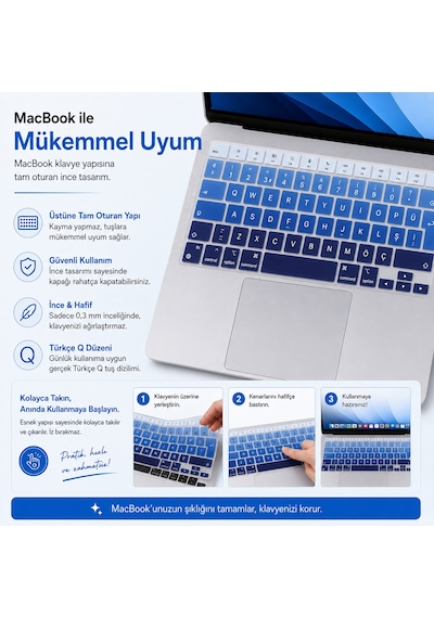Macbook Pro 14.2 İnç M1 M2 M3 M4 M5 A2442 A2992 Uyumlu Türkçe Q Klavye Koruyucu Mavi Ombre Silikon Diğer