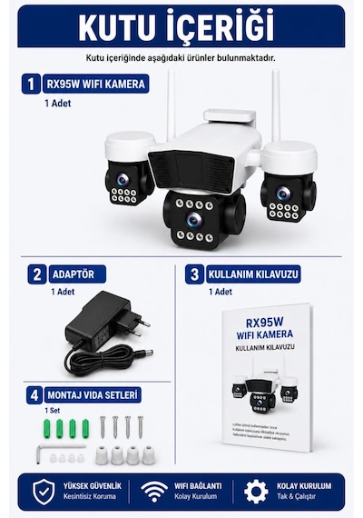 Rx95w Wifi 3 Kameralı Güvenlik Kamerası 15mp Ultra Hd Ptz Hareketli Sesli Gece Görüşlü Akıllı Kamera 47020348