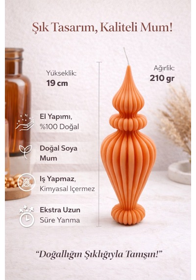 Dekoratif Lüks Soya Mum, El Yapımı Doğal Mum, Uzun Yanma Süreli Ev Hediyesi, Ev Süsü Turuncu 210 G Turuncu