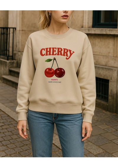Uyguntarz Unisex Happycherry Tasarım Basklı Sweatshirt Bej