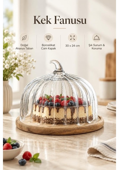 Akasya Ahşap Tabanlı Cam Kek Fanusu 30x24 Cm - Kapaklı Pasta Ve Tatlı Sunumluğu