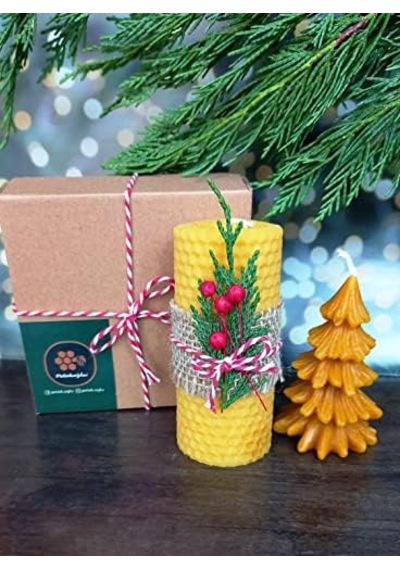 Doğal Petek Balmumu Mum Hediyelik Mini Set Sarma Balmumu Çam Ağacı Beeswax Candle Açık Ahşap