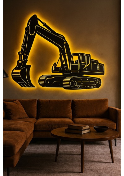 Led Işıklı Ekskavatör İnşaat Temalı İş Makinesi Tablosu Dekoratif Duvar Dekoru Sarı - 801016783 Sarı