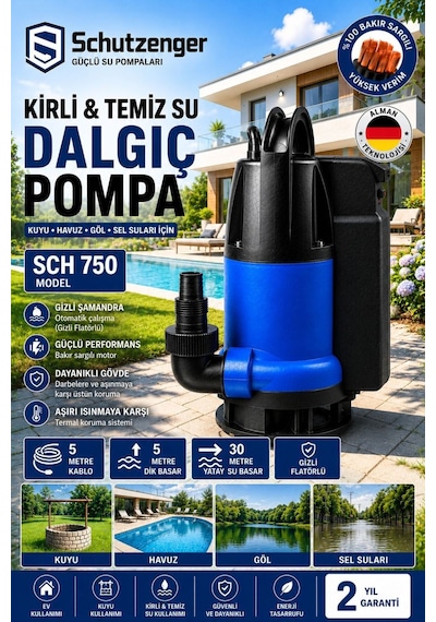 Sch 750 Dalgıç Su Pompası Gizli Flatörlü Hidrofor Kuyu Havuz Göl Sel Suları İçin 5 Mt Kablo
