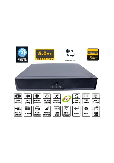 Technozi 4 Kanal 5 Mp Kamera Kayıt Cihazı Ahd Dvr 1080p H265+ Plus 5 İn 1 Hibrit Xmeye