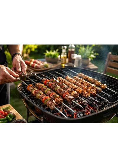 10'lu Paslanmaz Çelik Mangal Şişi Seti 20 Cm Halka Saplı Barbekü, Kebap, Et, Tavuk Ve Sebze Şiş Seti