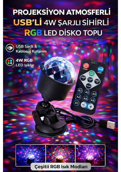 Rgb Led Disko Topu Usb Şarjlı Projeksiyon Işığı 360 Döner Renkli Parti Atmosfer Lambası