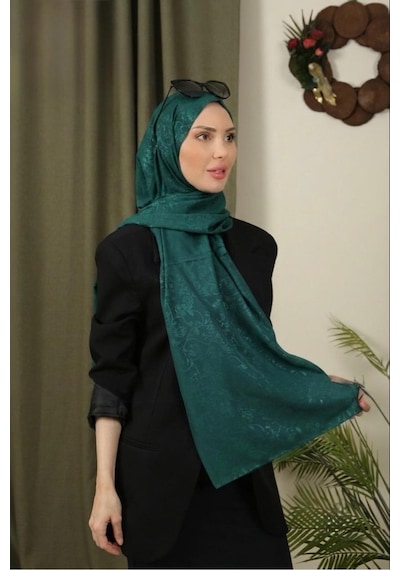Flora Tekstil Çiçekli Desen İnce Medine İpeği Jakar Şal Zümrüt Yeşili