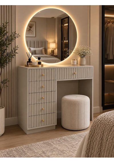 Led Aynalı Çıtalı Çekmeceli Makyaj Masası Bej Led Aynalı Çıtalı Çekmeceli Makyaj Masası Bej