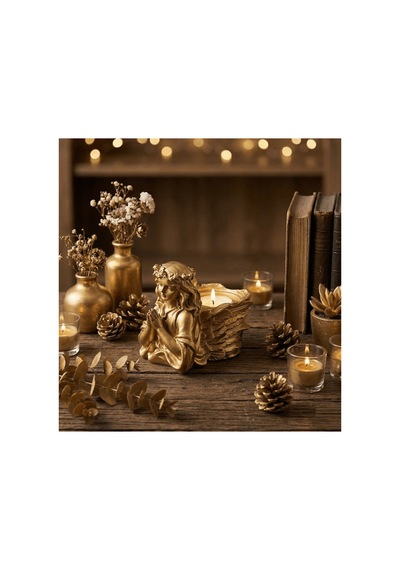 Dua Eden Melek Figürlü Mumluk Tealight Uyumlu Yeni Ev Hediyesi Altın