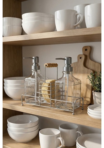 Makri Home Lüks Bambu Kulplu Gri Metal Stantlı İkili Cam Sıvı Sabunluk 500 Ml, 23x9x23,5 Cm