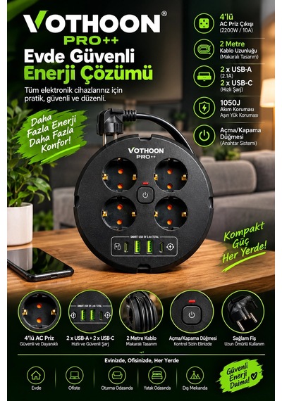 4 Lü Priz Makarası 2 Metre Kablolu, 2 Usb-a + 2 Usb-c Şarj Çıkışlı, Açma/kapama Düğmeli, 2200w 10a 0