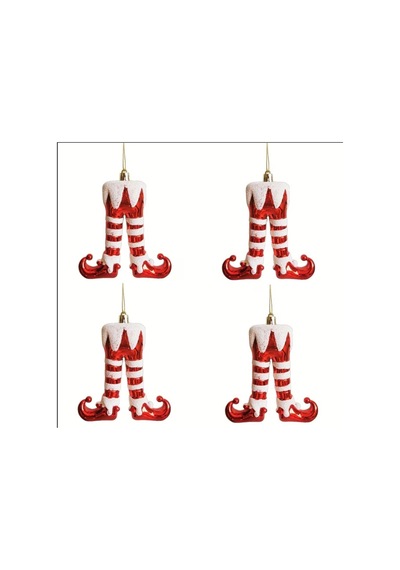 Elf Bacağı Figürlü Yılbaşı Ağaç Süsü 4'lü Set Kırmızı Beyaz Çizgili Asma Süsler 11 Cm Diğer
