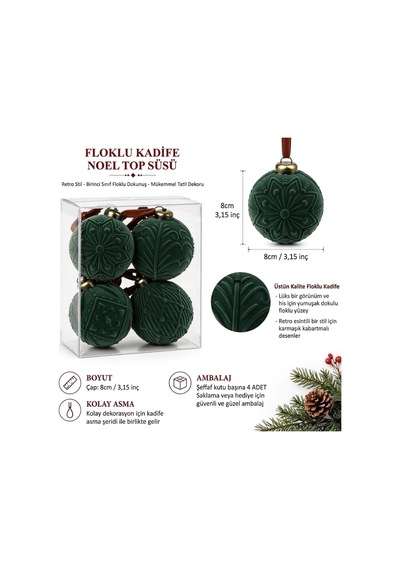 Yeşil Kadife Yılbaşı Ağaç Süsü 4'lü Set Kabartma Desenli Lüks Floklu Top Süsler 8 Cm