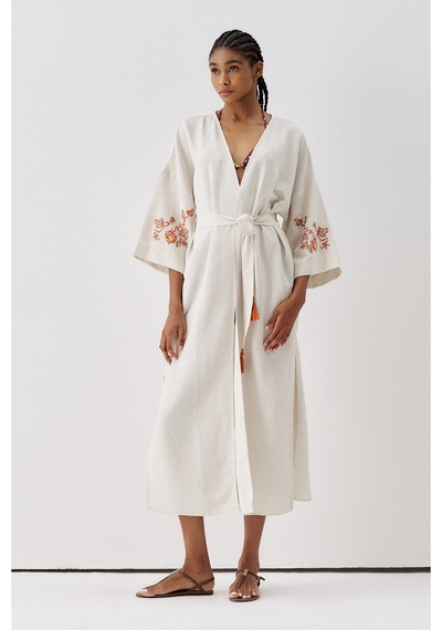 Sagaza Studio Ss6186 Keten Bağlamalı Kimono Kahverengi