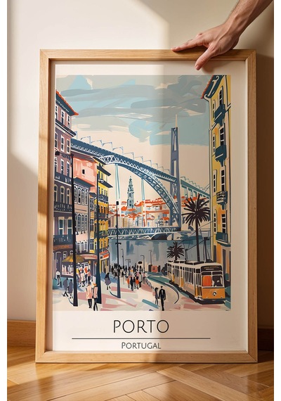 Portekiz Porto Temalı Çerçeveli Tablo Travel Serisi Modern İllüstrasyon Şehir Duvar Dekoru Kayın