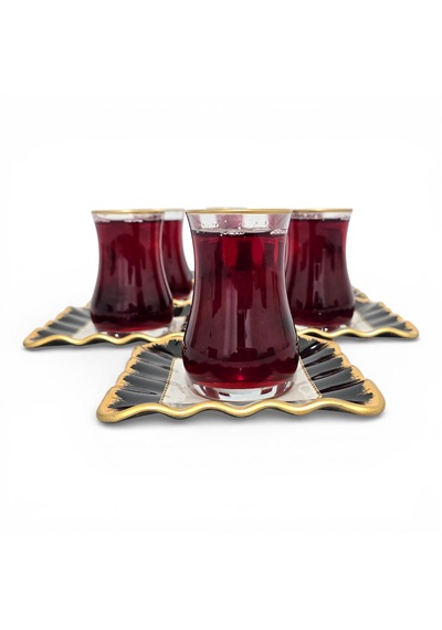 Sudedi Home Gold Yaldızlı Çay Bardağı Seti 6 Kişilik Porselen Tabaklı Çok Renkli