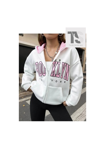 Tarzsokak Beyaz Pembe Kapüşonlu Fermuarli Brooklyn Oversize