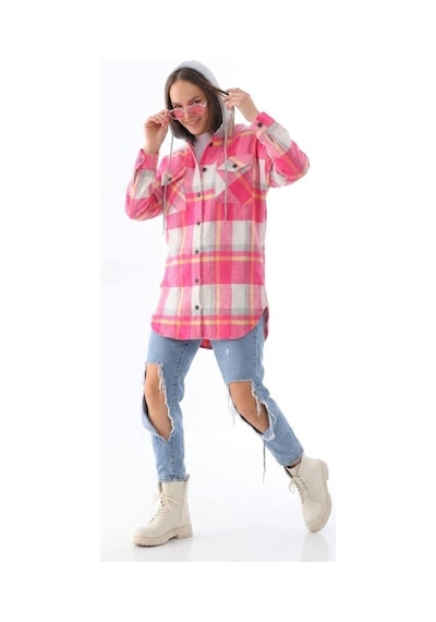 Polologin Butik Kadın Pembe Ekose Desenli Kapüşonlu Oduncu Gömlek Ceket Pembe
