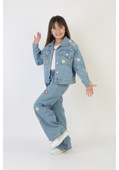 Moonch Papatya Ve Çiçek Nakışlı Kız Çocuk Denim Ceket&pantolon Takım Mavi