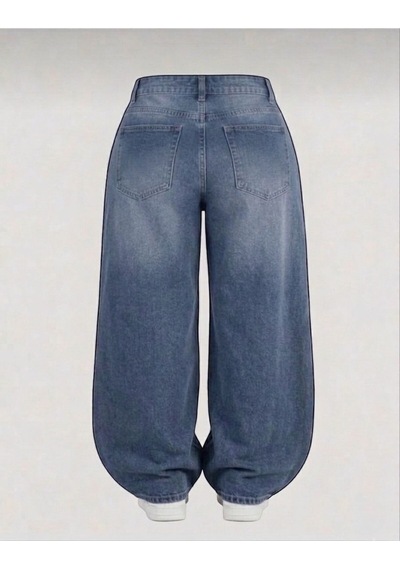St.poll Eskitme Yıkamalı Unisex Büyük Beden Baggy Jean Pantolon Mavi