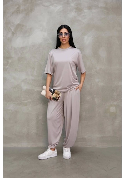 Osy Modal Yumuşak Dokulu Kumaş Oversize Bisiklet Yaka T-shirt Jogger Eşofman Altı Eşofman Takımı - Gri Gri