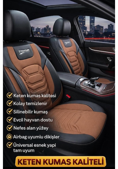 Titanyum Serisi Lüks Keten Oto Koltuk Kılıfı- Hyundai İ20-i30-accent-blue-era-getz Uyumlu Taba