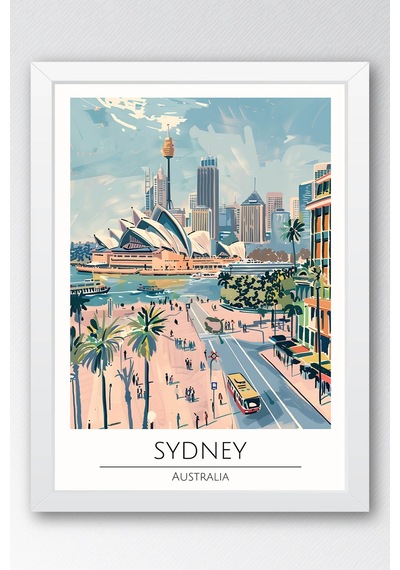 Avustralya Sydney Temalı Çerçeveli Tablo Travel Serisi Modern İllüstrasyon Şehir Duvar Dekoru Beyaz