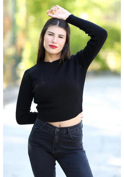 Giysa Kadın Siyah Fitilli Crop Triko Kazak Kısa Model Akrilik Kumaş Ribanalı - 3122 Siyah
