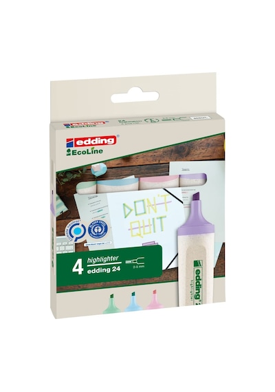 Edding 24 Ecoline Fosforlu Kalem, 4'lü Set, Karışık Renkler, Kesik Uç 124-Pembe