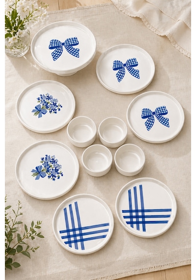 Blue Gift 6 Kişilik 11 Parça Seramik Kahvaltı Takımı Mavi Desenli Modern Sunum & Pasta Tabağı Seti Beyaz