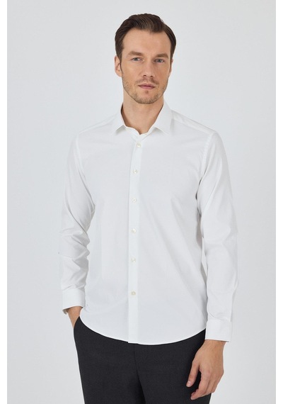 İmza Açık Krem Sert Yaka Cepsiz Gabardin Uzun Kol Slim Fit Esnek Gömlek 1004250234 Açık Krem