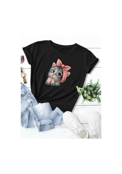Unisex Sweet Cat Baskılı Oversize T-shirt Siyah