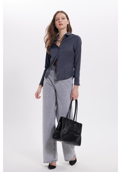 Tudors Kadın Slim Fit Dar Kesim Klasik Yaka Uzun Kollu Antrasit Gömlek-40358 Antrasit