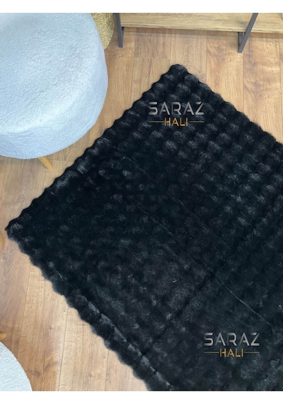 Saraz Halı Bubble Tavşan Post Yumuşacık Tavşan Tüyü Kaymaz Yıkanabilir Siyah Siyah