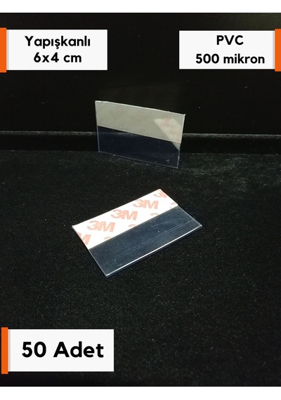 50 Adet Pvc Etiketlik 6x4 Cm Yapışkanlı Şeffaf Etiketlik, Raf Vit