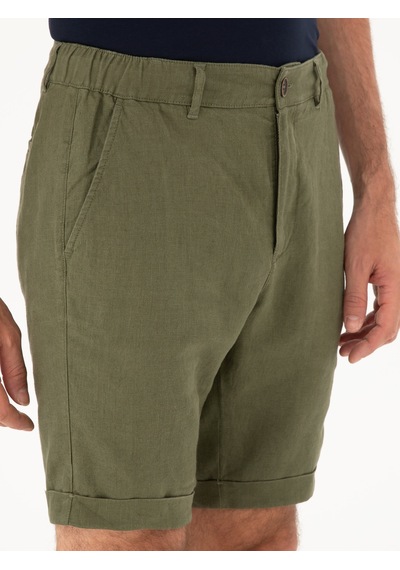 Cacharel Haki Regular Fit Beli Lastikli %100 Keten Şort YESIL