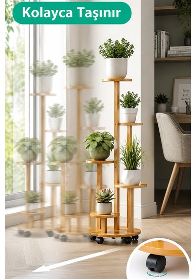 Ahşap 5 Katlı Tekerlekli Çiçeklik Saksılık Dekoratif Daire Model Bitki Rafı
