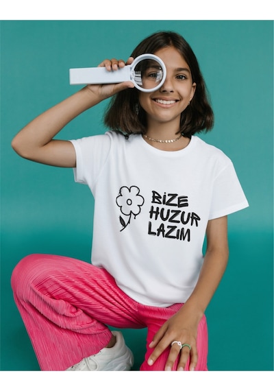 Alpşan Ticaret Bize Huzur Lazım Tişört Huzur Veren T-shirt Çocuk Yetişkin Beyaz Tişört Beyaz