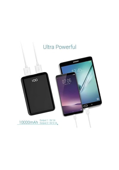 10000 Mah Taşınabilir Powerbank, Çift Usb Çıkışlı 2.1a Hızlı Şarj , Led Dijital Ekranlı, Ultra İnce Ve Hafif 180 G, Telefon Ve Tablet Uyumlu Siyah