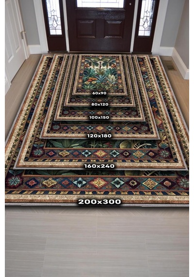 Homshtag Art Deco Tropikal Orman Vintage Halı Görünümlü Dijital Baskı Yeşil Renk Rustik Çiçekli Halı Çok Renkli