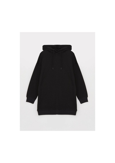 LC Waikiki Kapüşonlu Düz Uzun Kollu Kadın Sweatshirt Tunik Siyah
