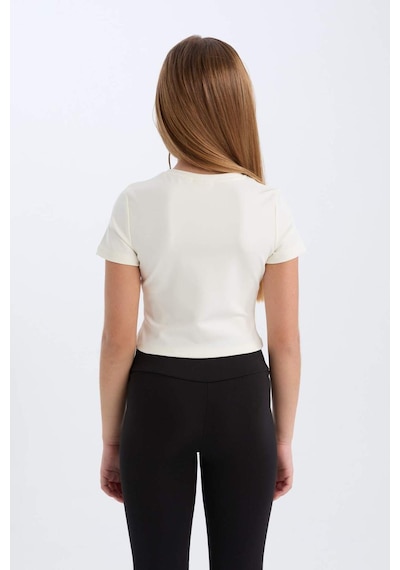 DeFacto Kız Çocuk Slim Fit Dar Kesim Bisiklet Yaka Kısa Kollu Tişört D9789A825SMER99 Ekru
