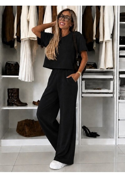 Butik İstanbul Kadın Kısa Kollu Bisiklet Yakalı Modal Bluz Ve Pantolon Ikili Takım Siyah